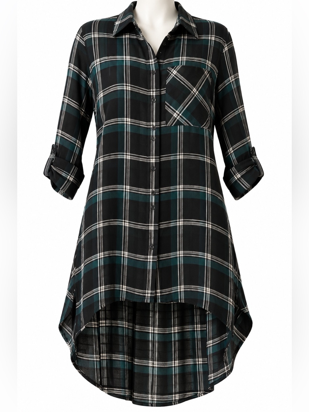 Maison Coupé Plaid Shirt Dress Tunic Black Green Button Front M NWT